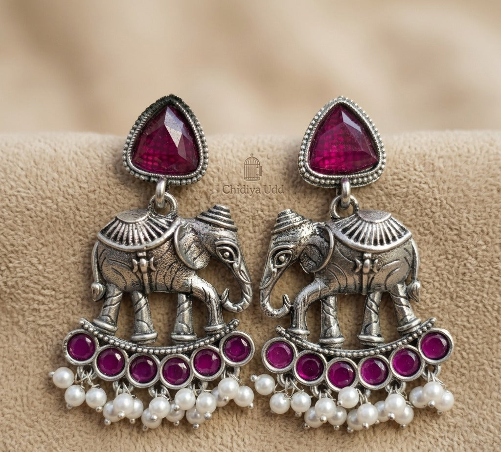 Elephant Statement Earrings – Traditional Ethnic Design — Magenta — Photo 6