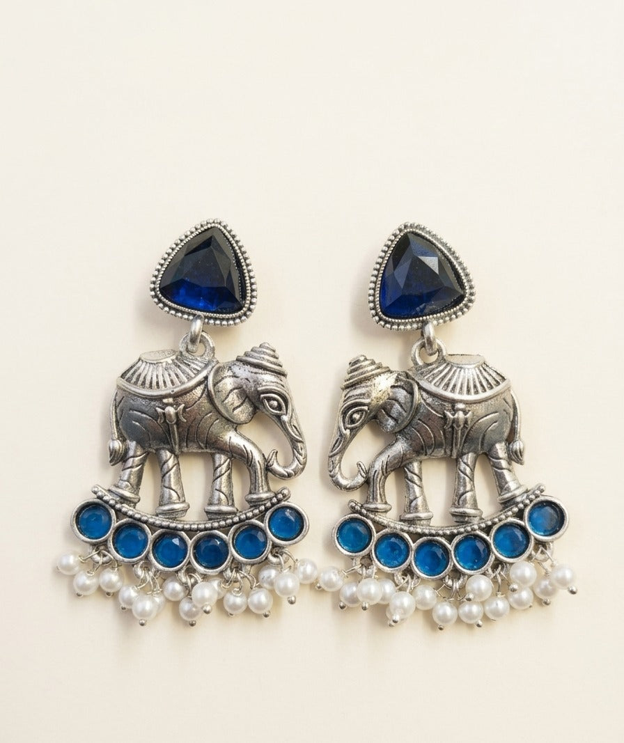 Elephant Statement Earrings – Traditional Ethnic Design — Blue — Photo 1