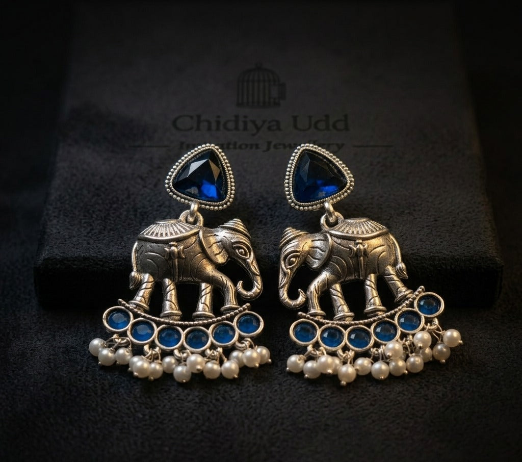 Elephant Statement Earrings – Traditional Ethnic Design — Blue — Photo 2