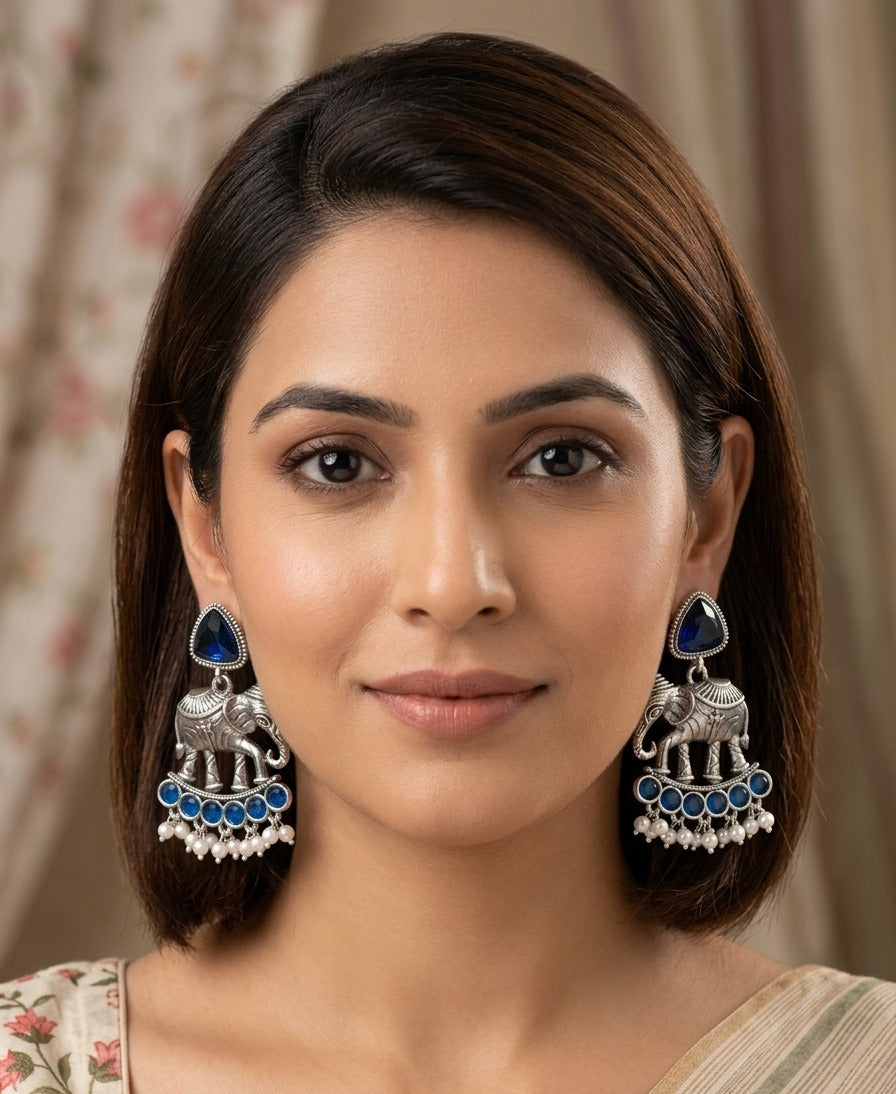 Elephant Statement Earrings – Traditional Ethnic Design — Blue — Photo 3