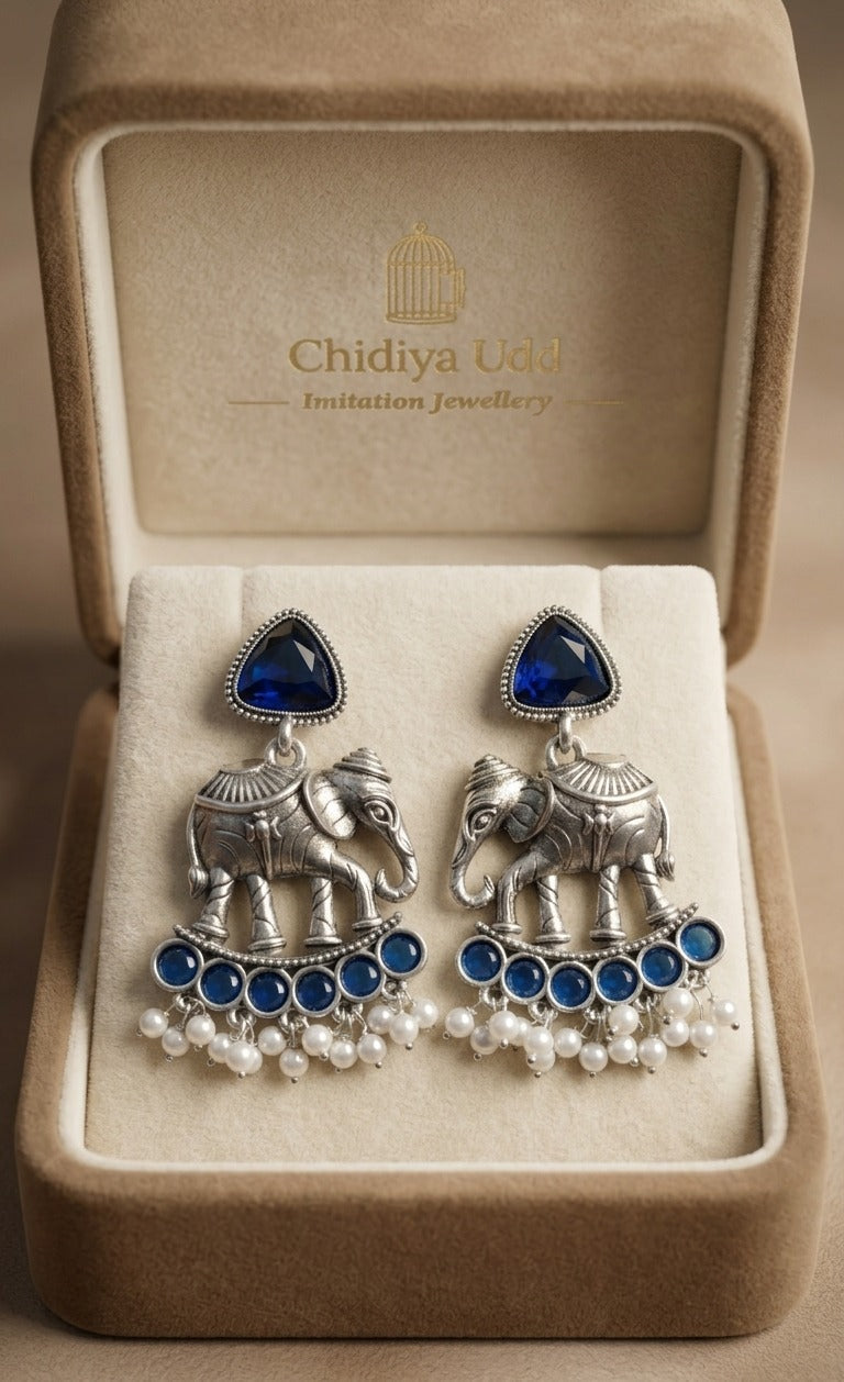 Elephant Statement Earrings – Traditional Ethnic Design — Blue — Photo 4
