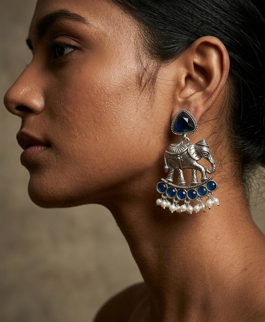 Elephant Statement Earrings – Traditional Ethnic Design — Blue — Photo 5