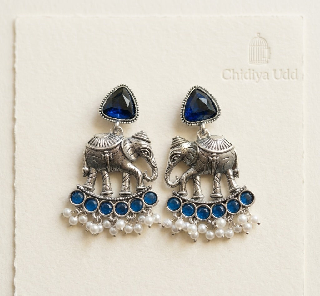 Elephant Statement Earrings – Traditional Ethnic Design — Blue — Photo 6