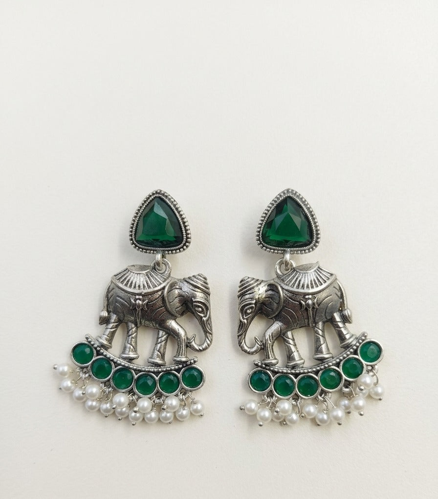 Elephant Statement Earrings – Traditional Ethnic Design — Green — Photo 1