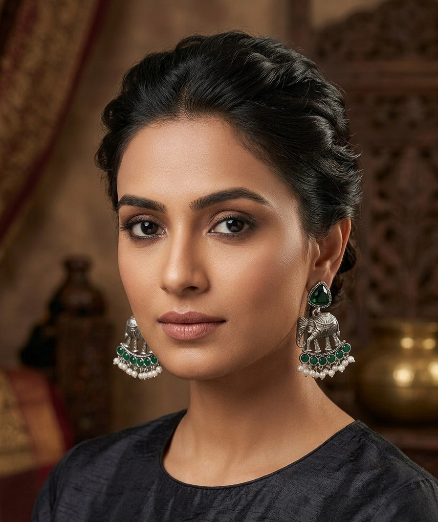 Elephant Statement Earrings – Traditional Ethnic Design — Green — Photo 2