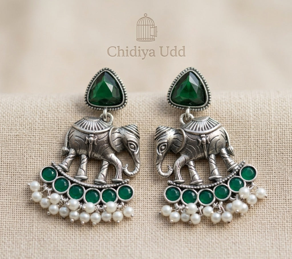 Elephant Statement Earrings – Traditional Ethnic Design — Green — Photo 3
