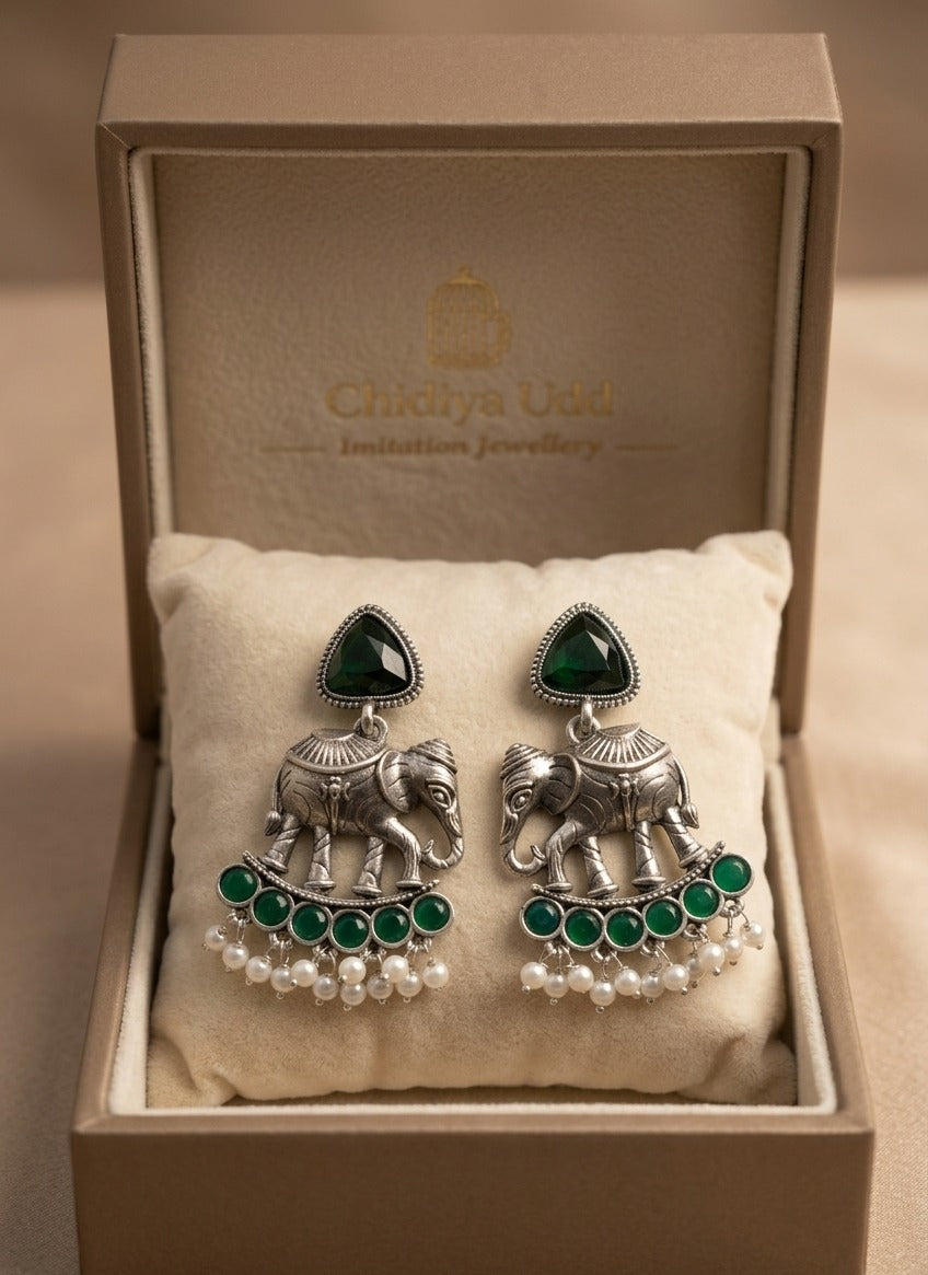 Elephant Statement Earrings – Traditional Ethnic Design — Green — Photo 4