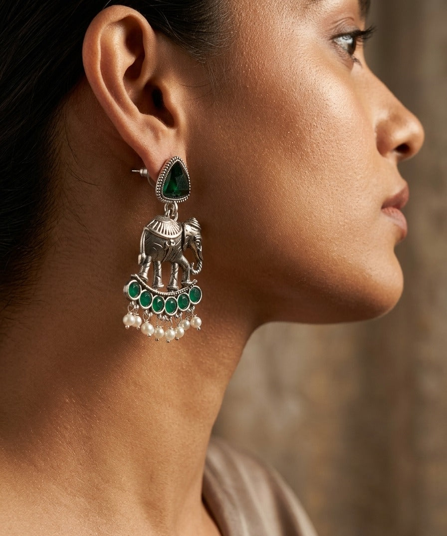 Elephant Statement Earrings – Traditional Ethnic Design — Green — Photo 5