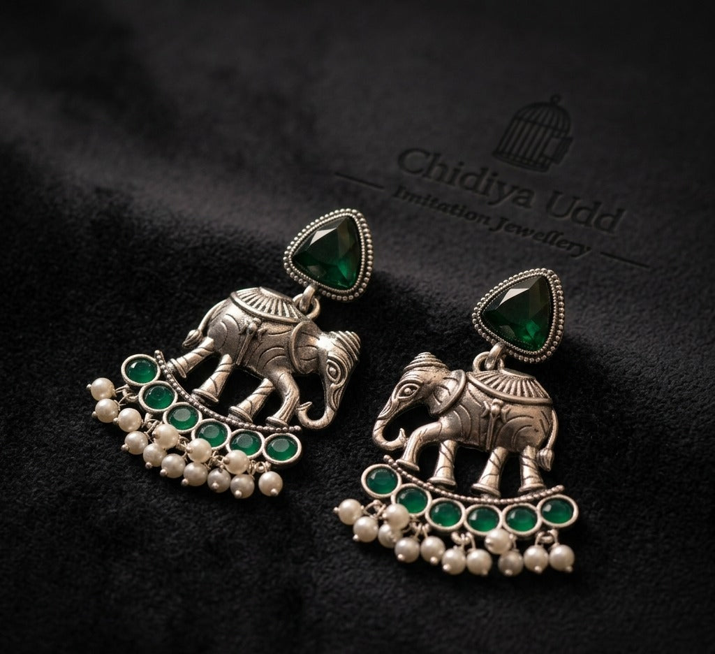 Elephant Statement Earrings – Traditional Ethnic Design — Green — Photo 6