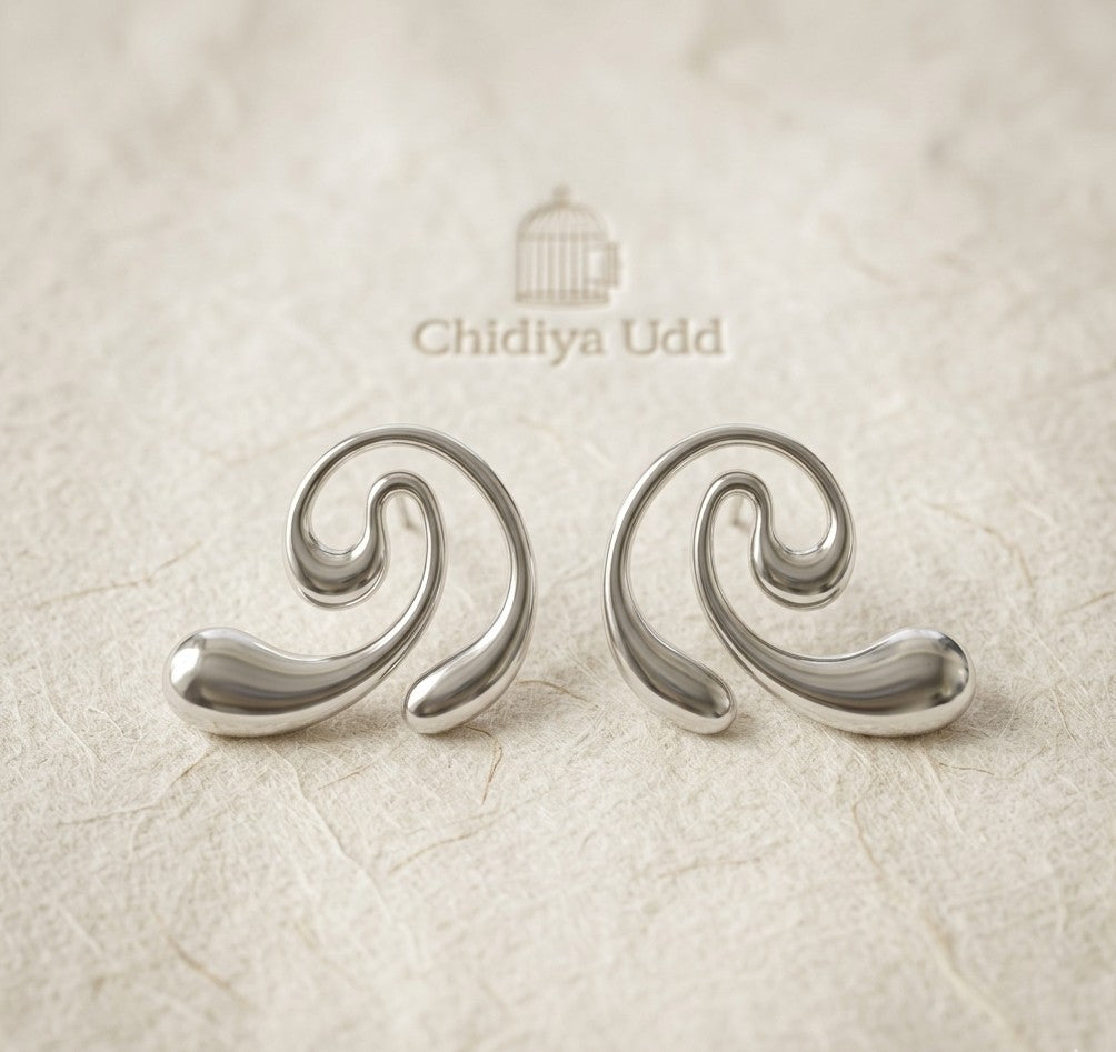 Curved Swirl Statement Earrings — Silver — Photo 4