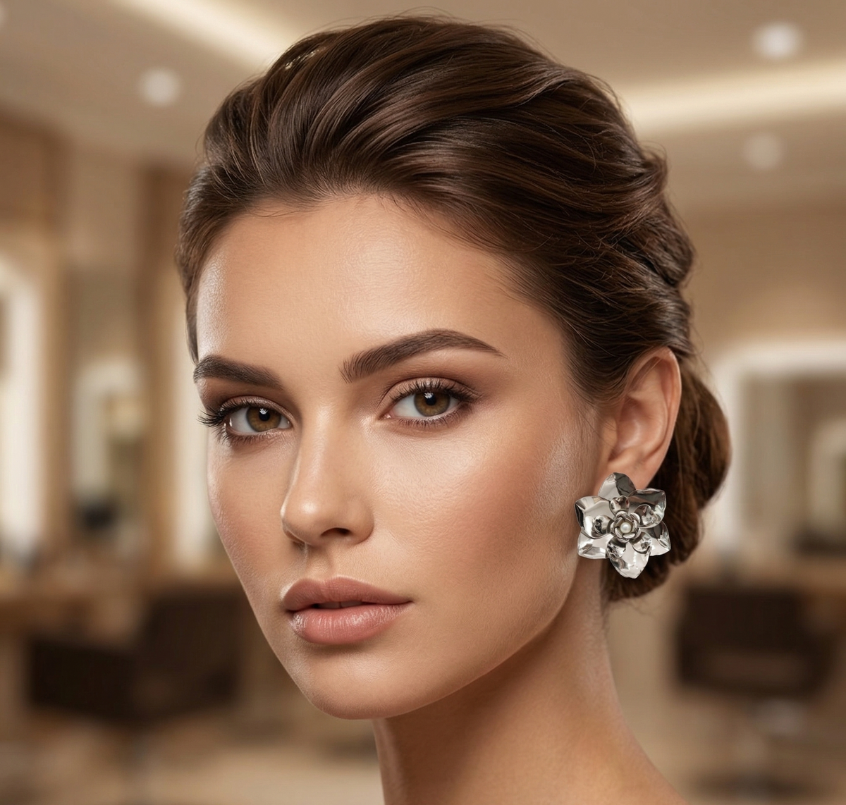 Floral Pearl Stud Earrings — Silver — Photo 4