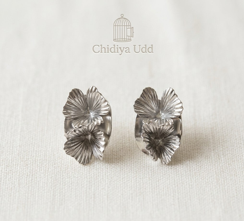 Layered Floral Stud Earrings – Silver — Photo 3