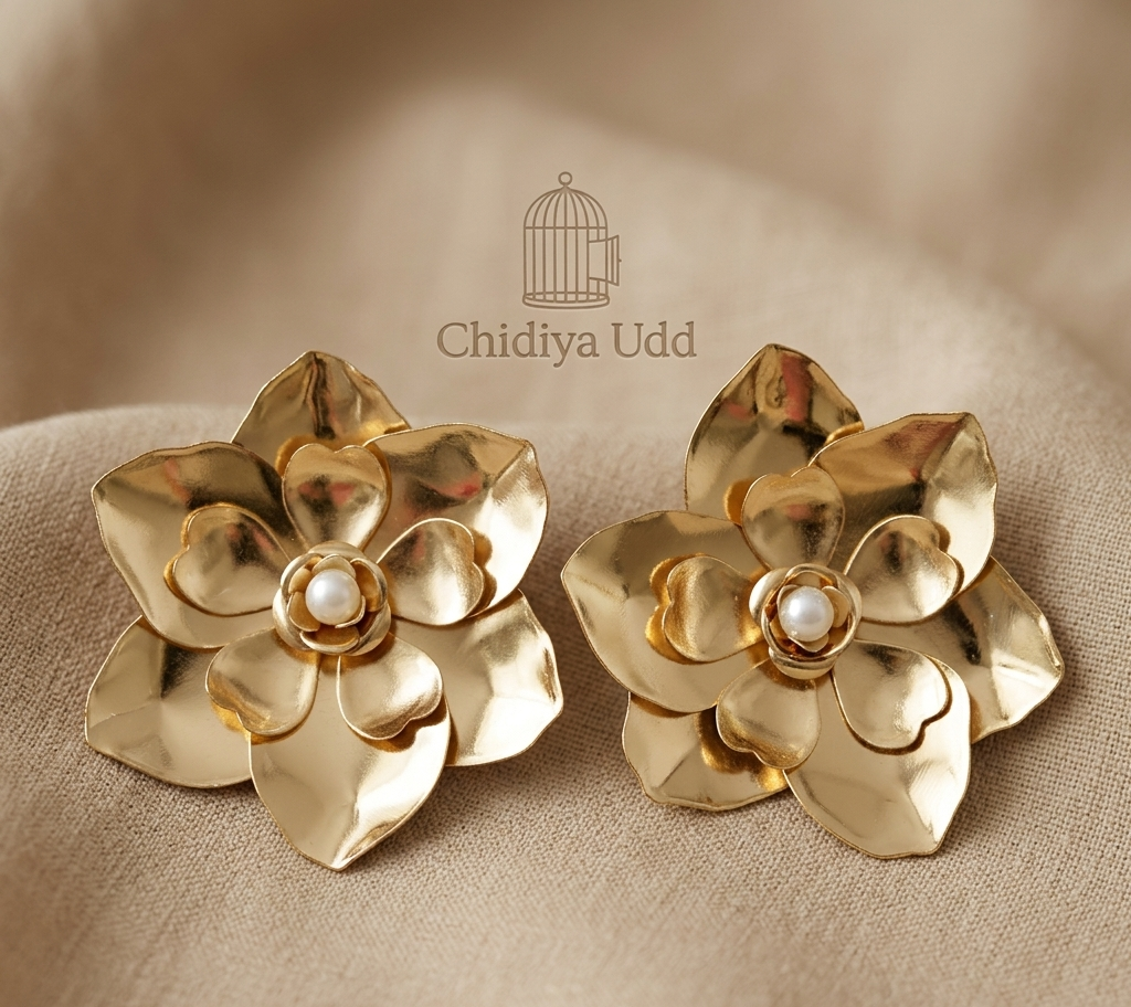 Floral Pearl Stud Earrings — Gold — Photo 5