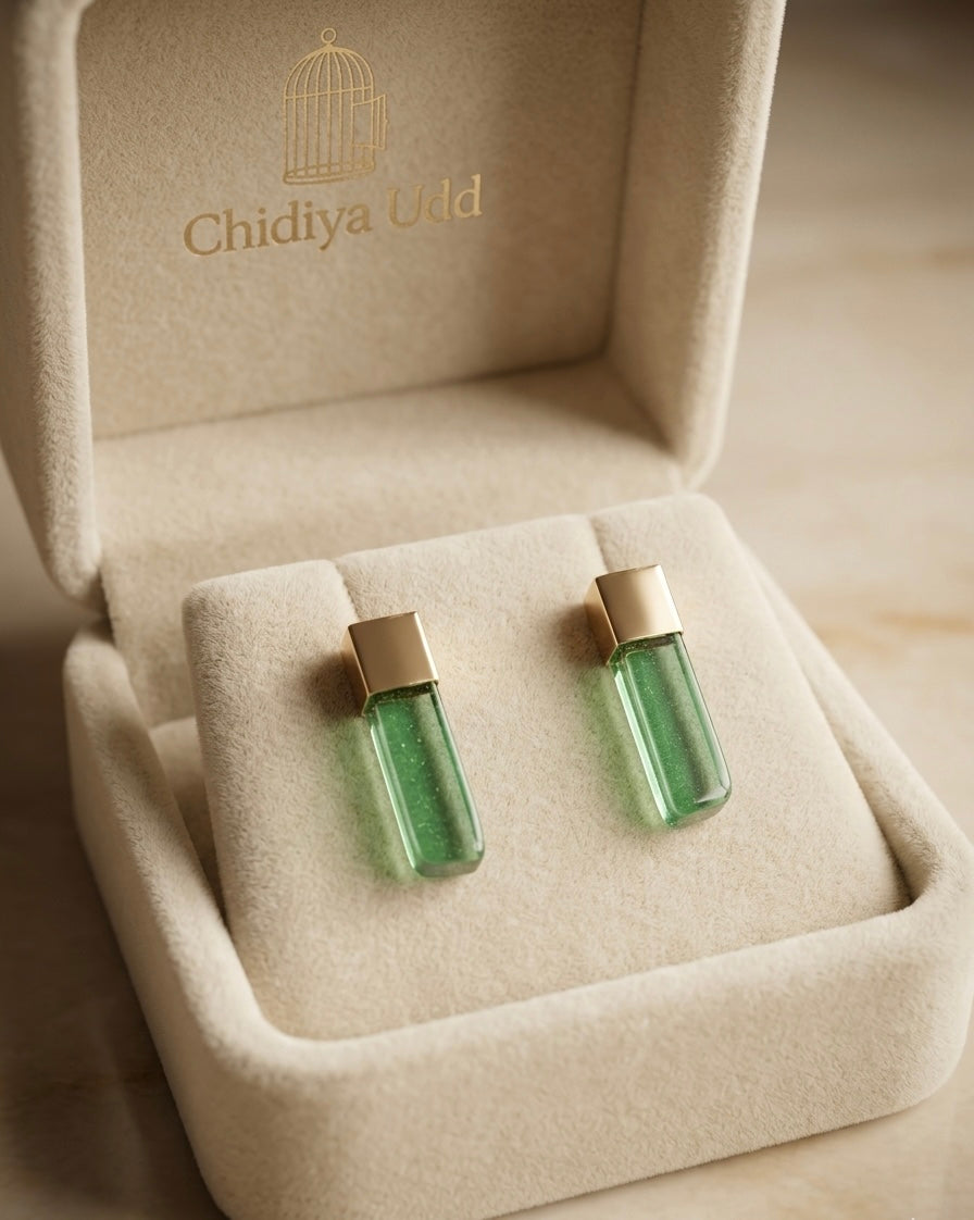 Green Lucite Bar Stud Earrings – Gold — Photo 2