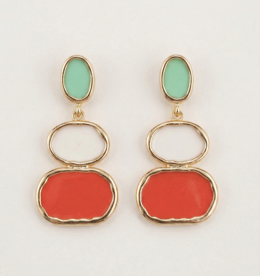 Mint & Coral Triple-Panel Drop Earrings – Gold — Photo 1
