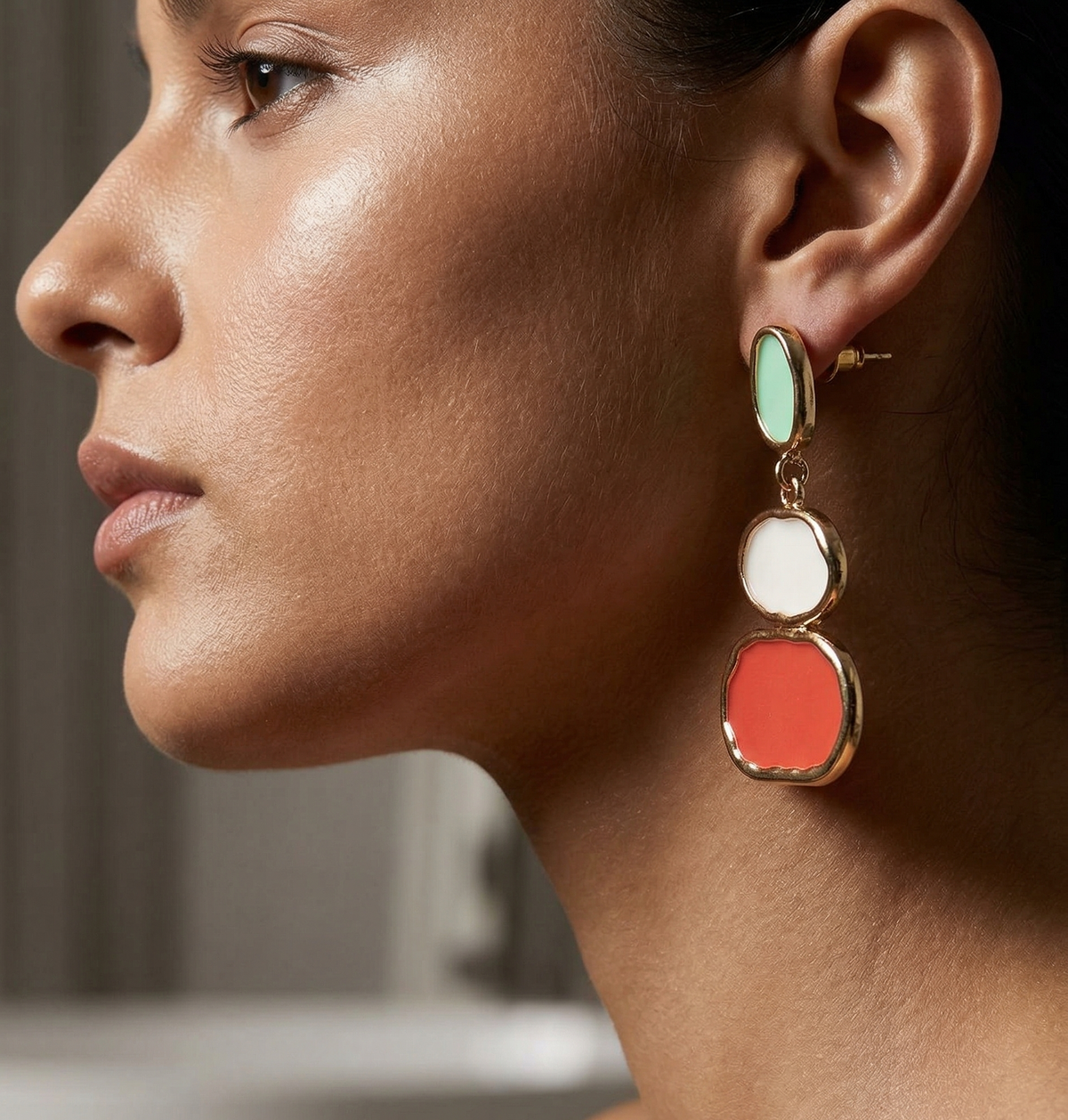 Mint & Coral Triple-Panel Drop Earrings – Gold — Photo 2