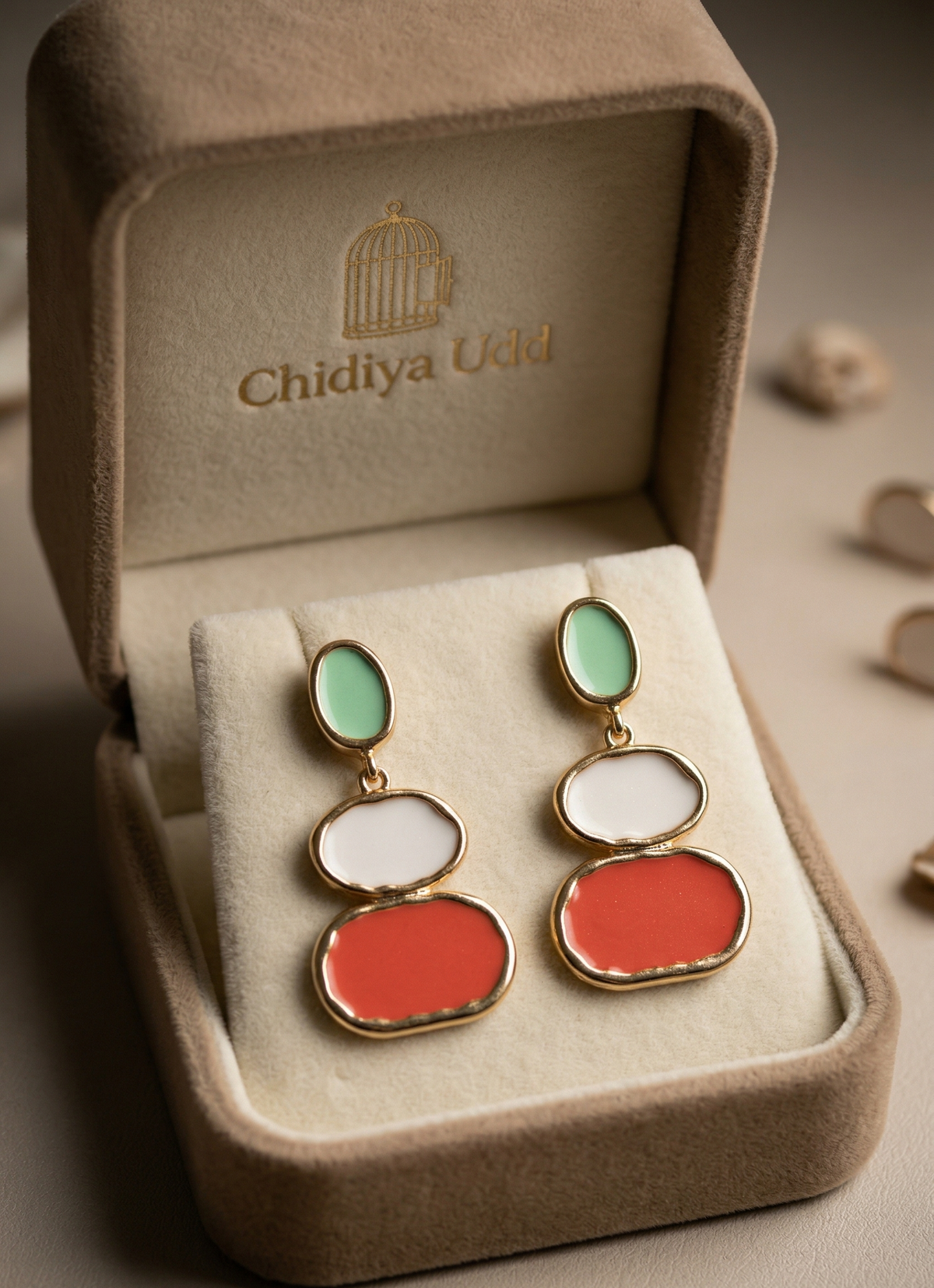 Mint & Coral Triple-Panel Drop Earrings – Gold — Photo 3