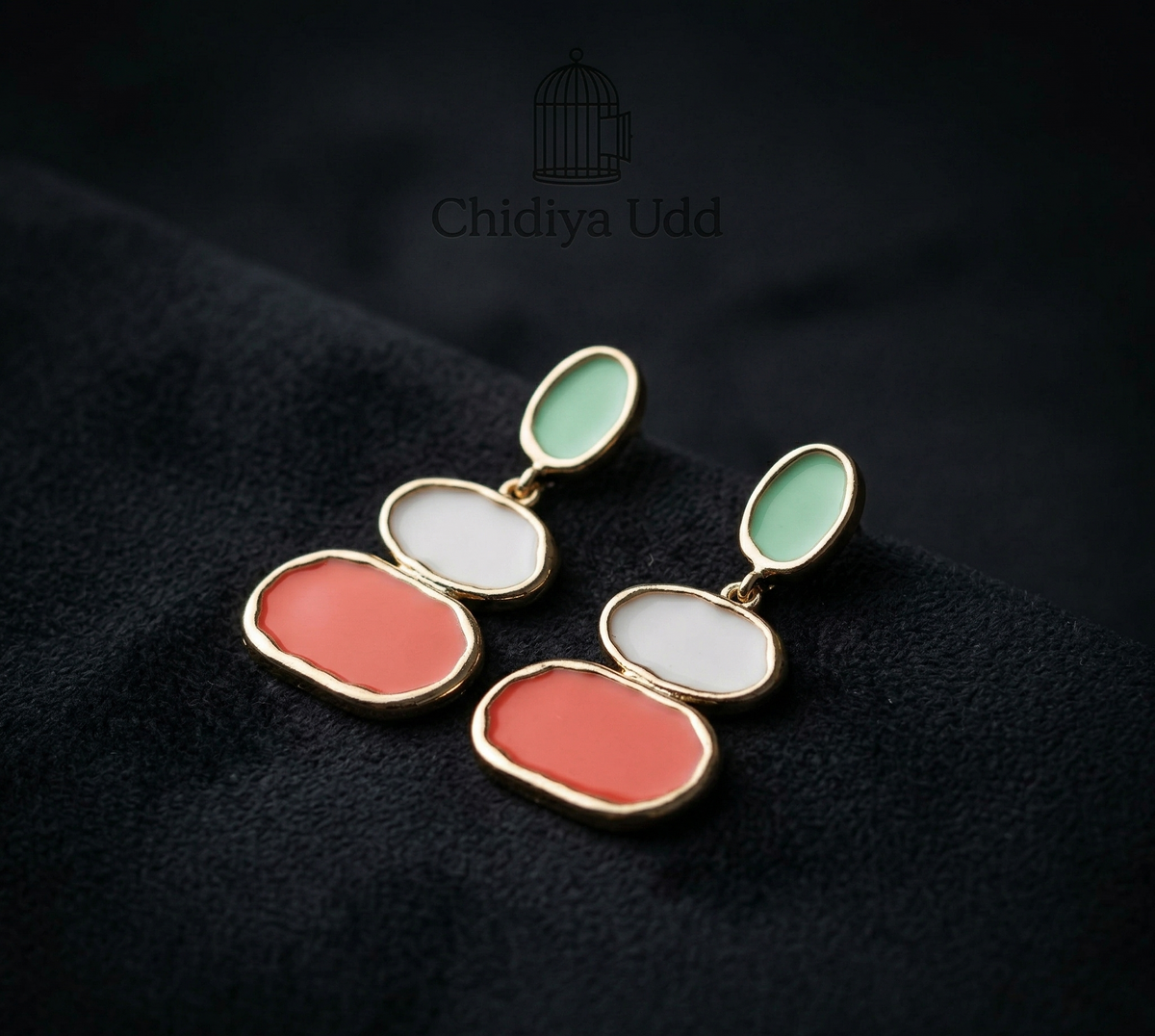 Mint & Coral Triple-Panel Drop Earrings – Gold — Photo 4