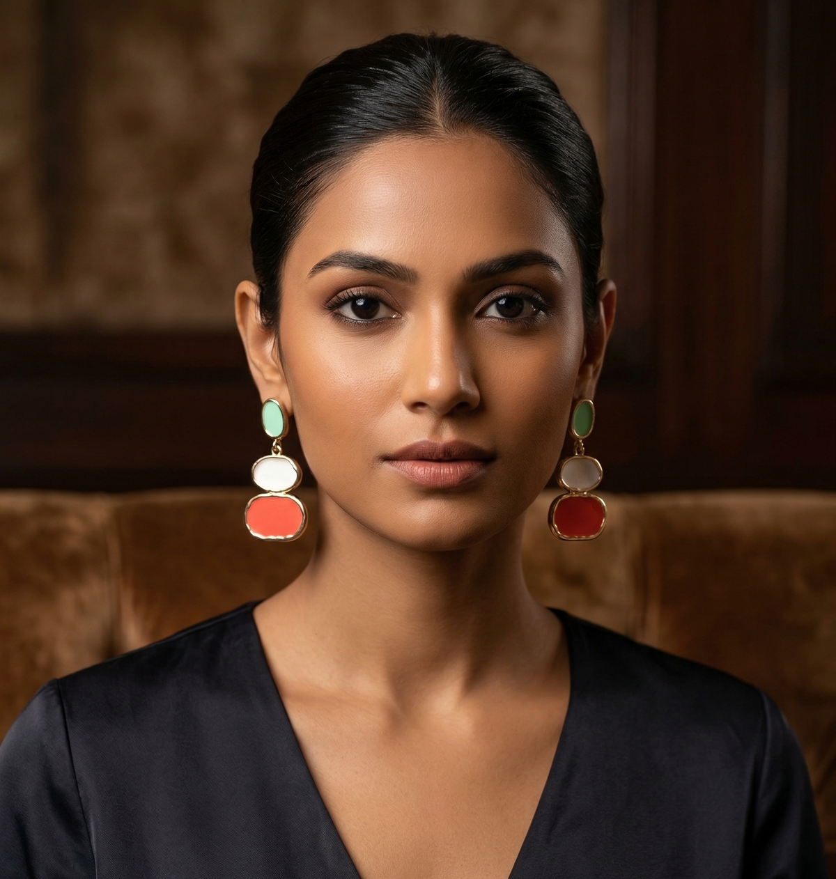 Mint & Coral Triple-Panel Drop Earrings – Gold — Photo 5