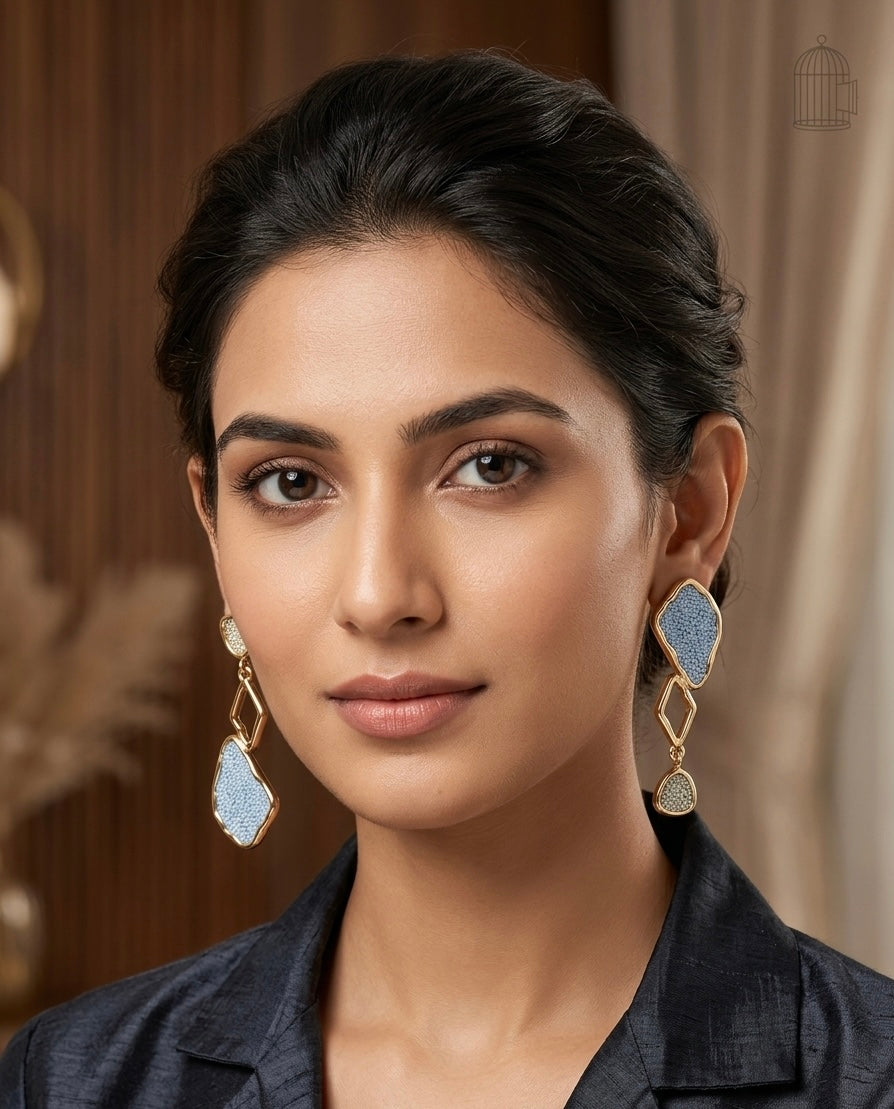 Blue Textured Geometric Drop Earrings – Gold — Photo 2