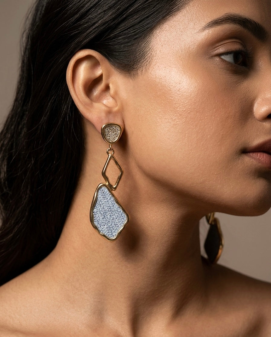 Blue Textured Geometric Drop Earrings – Gold — Photo 3