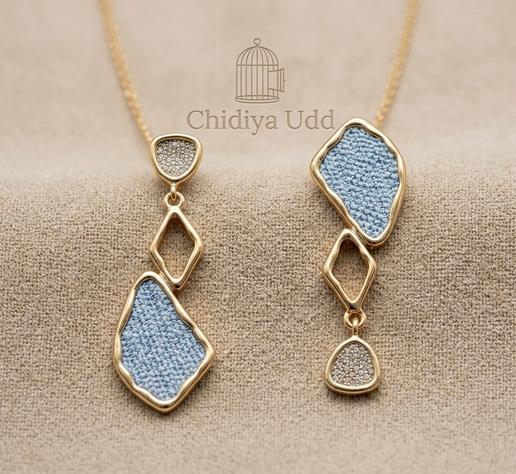 Blue Textured Geometric Drop Earrings – Gold — Photo 4