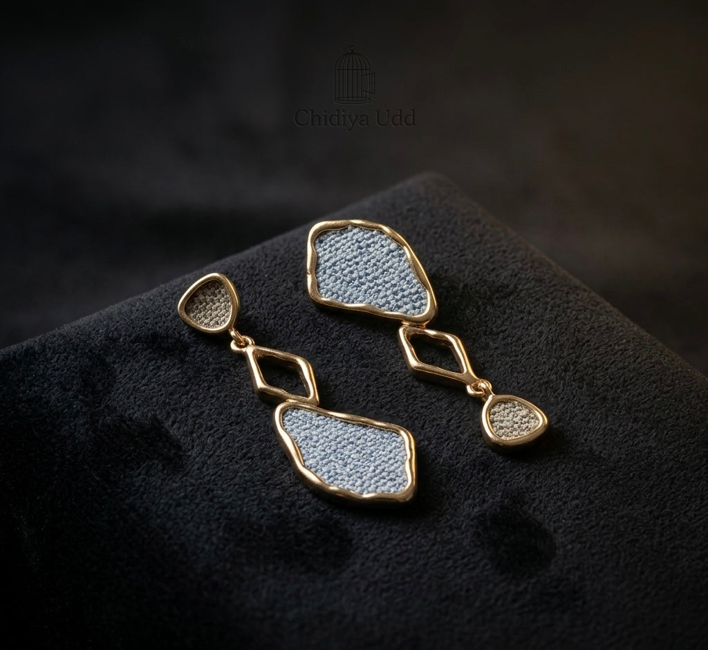Blue Textured Geometric Drop Earrings – Gold — Photo 5