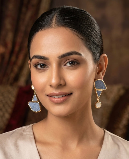 Geometric Blue Stone Drop Earrings – Gold — Photo 2