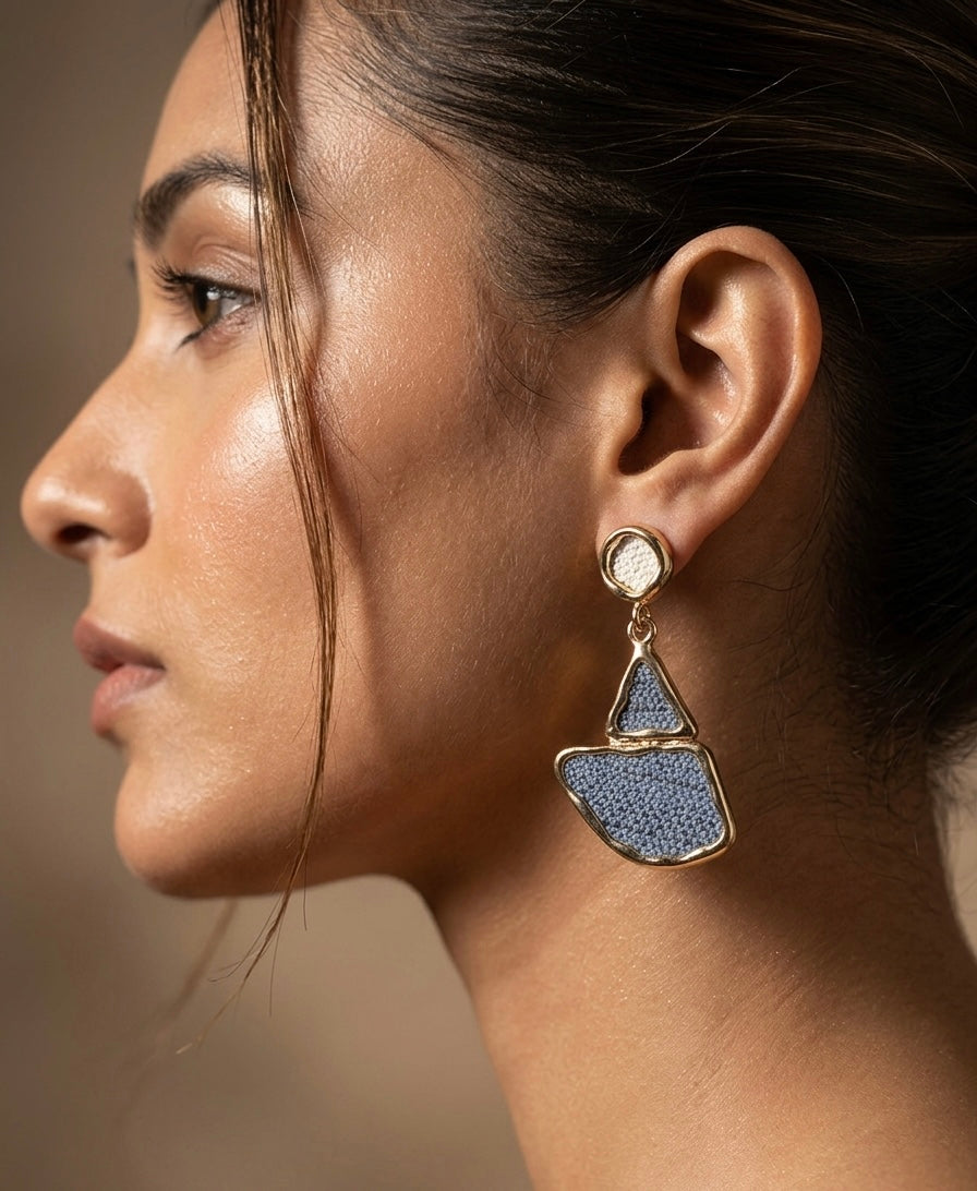Geometric Blue Stone Drop Earrings – Gold — Photo 3