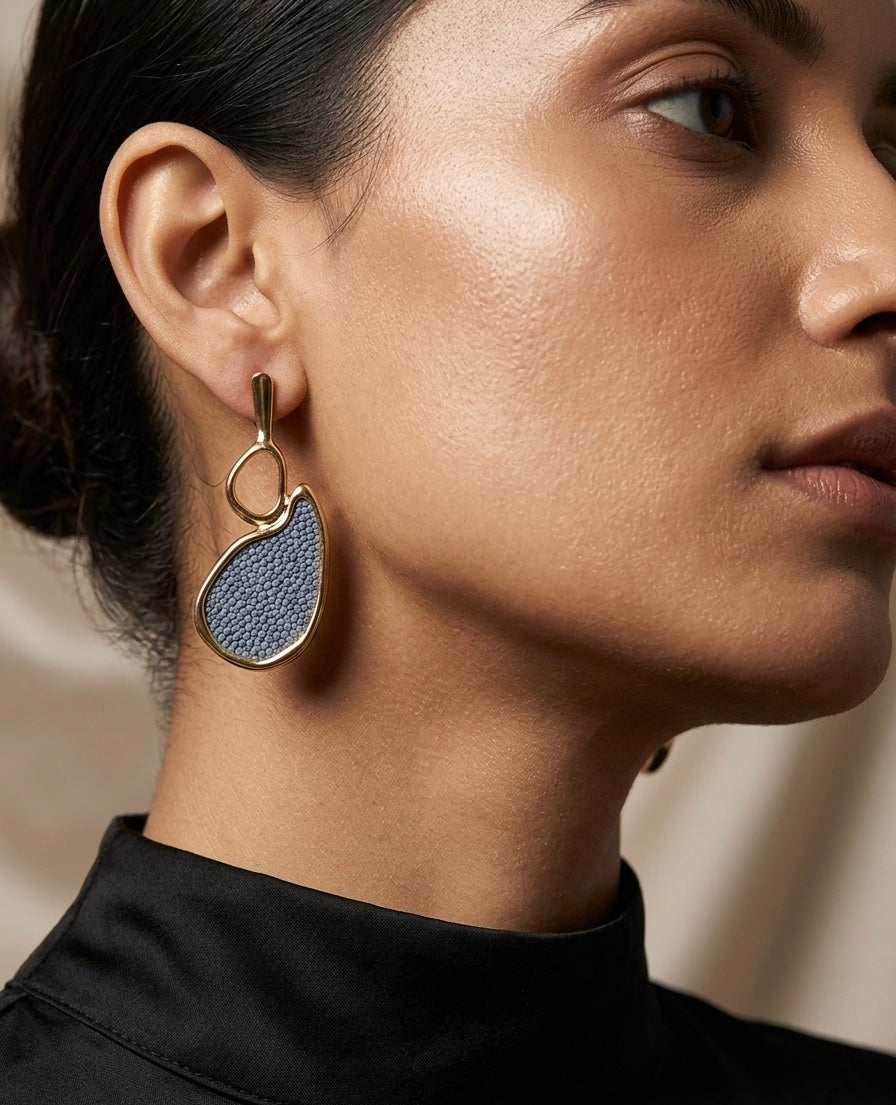 Abstract Blue Sculptural Drop Earrings – Gold — Photo 3