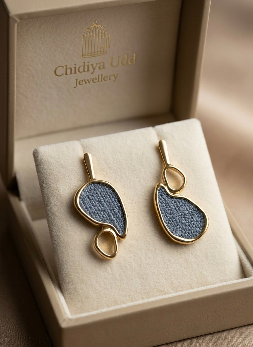 Abstract Blue Sculptural Drop Earrings – Gold — Photo 6