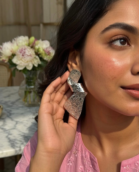 Textured Sculptural Drop Earrings — Silver — Photo 2