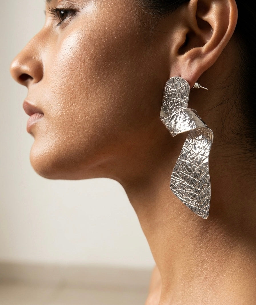 Textured Sculptural Drop Earrings — Silver — Photo 3