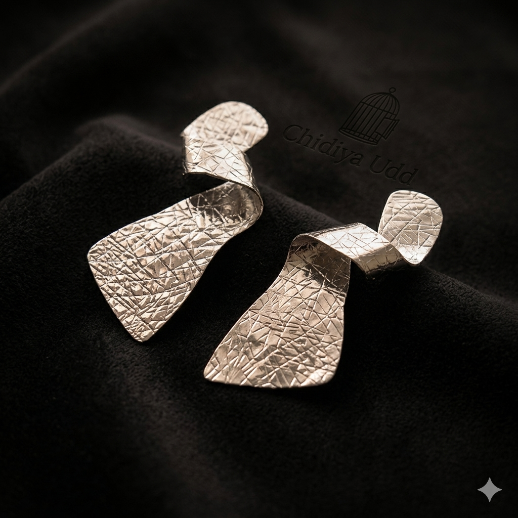 Textured Sculptural Drop Earrings — Silver — Photo 4
