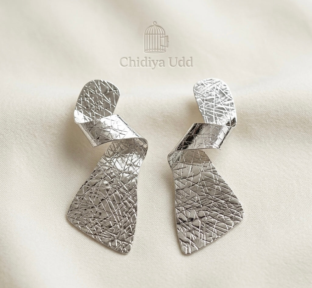 Textured Sculptural Drop Earrings — Silver — Photo 5