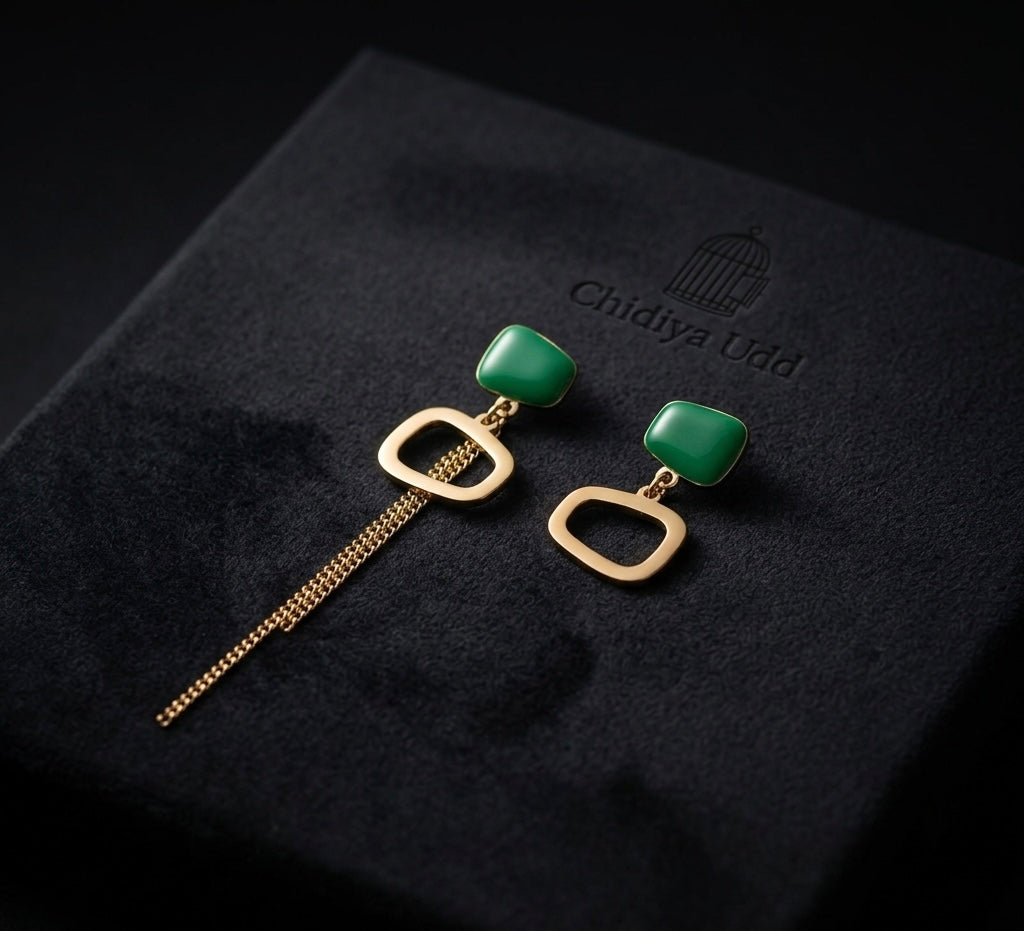 Green Geometric Chain Drop Earrings – Gold — Photo 2