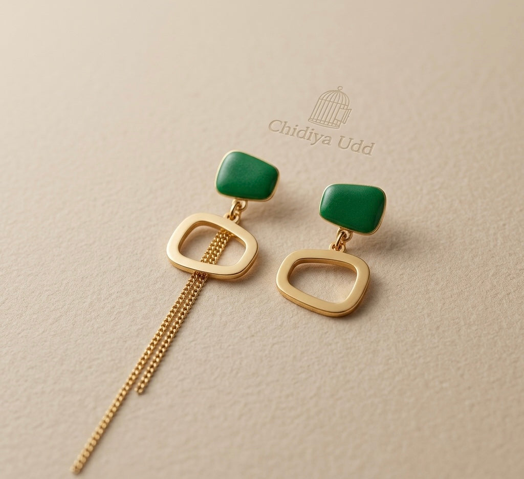 Green Geometric Chain Drop Earrings – Gold — Photo 3