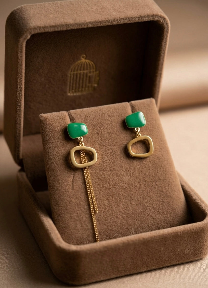 Green Geometric Chain Drop Earrings – Gold — Photo 4