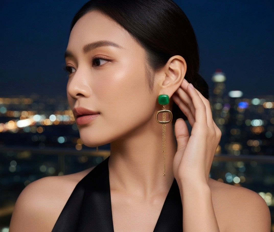 Green Geometric Chain Drop Earrings – Gold — Photo 5