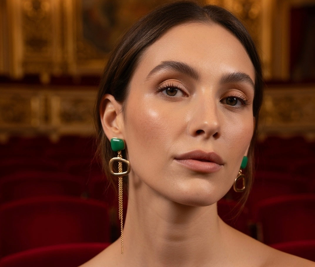 Green Geometric Chain Drop Earrings – Gold — Photo 6