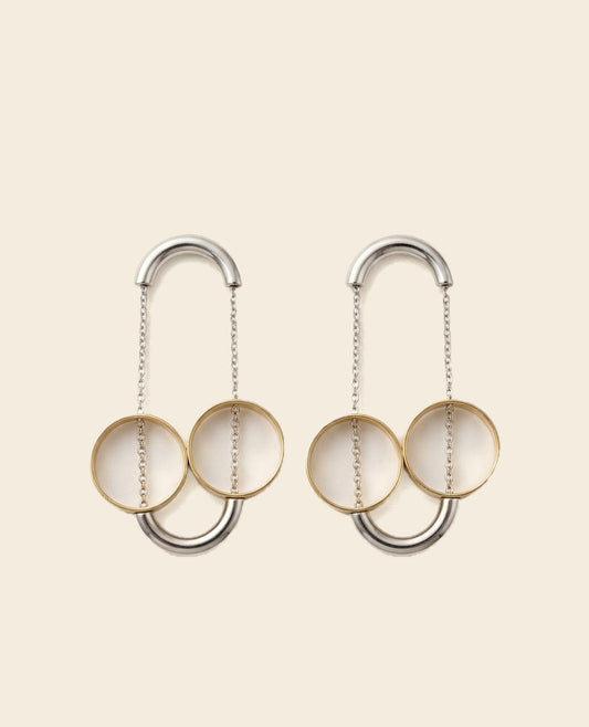Linked Double Hoop Drop Earrings – Silver & Gold — Photo 1