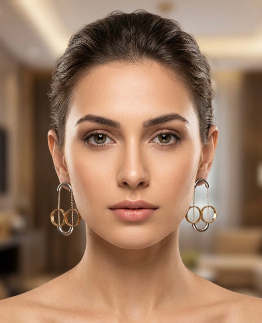 Linked Double Hoop Drop Earrings – Silver & Gold — Photo 2