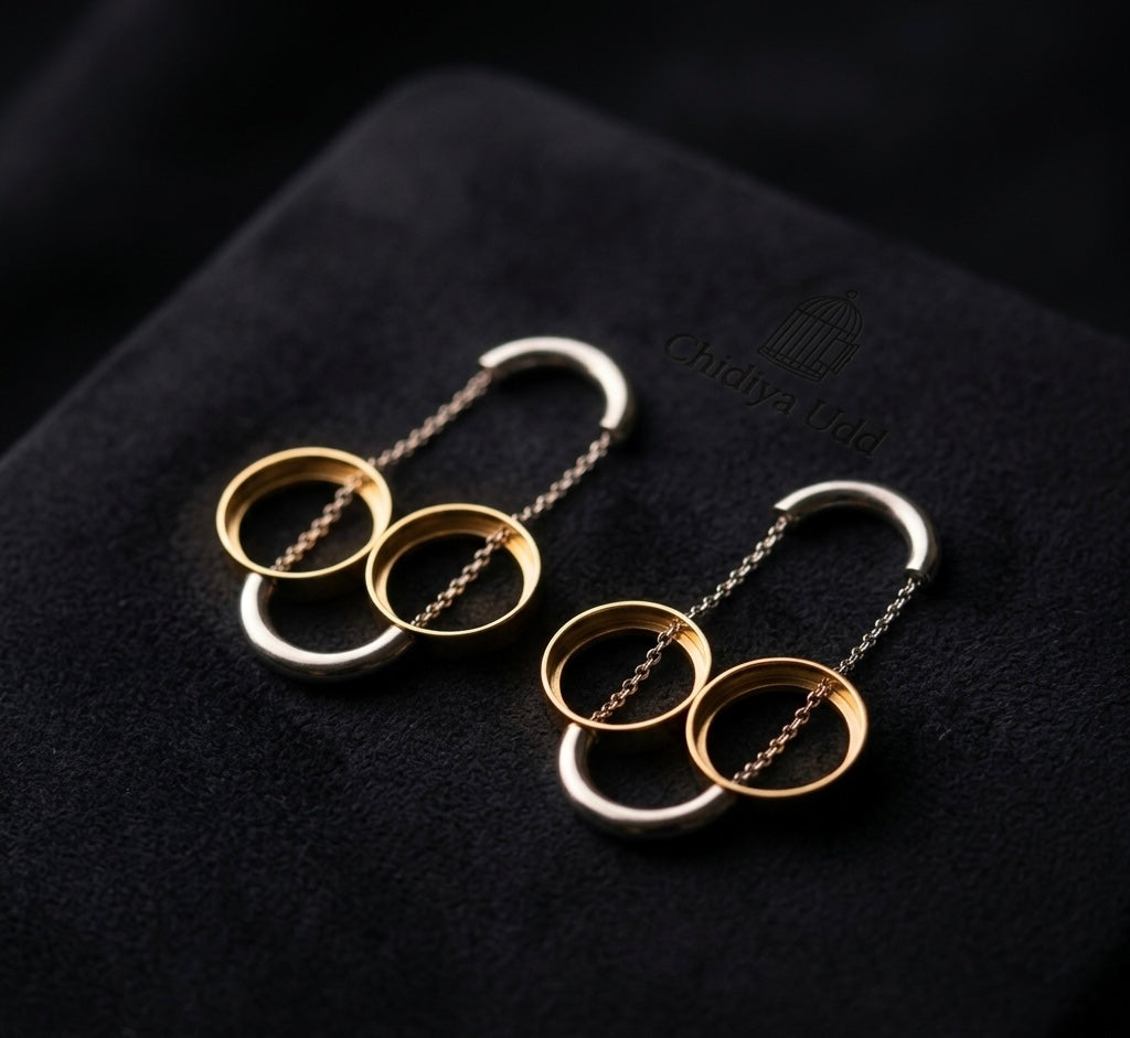 Linked Double Hoop Drop Earrings – Silver & Gold — Photo 3