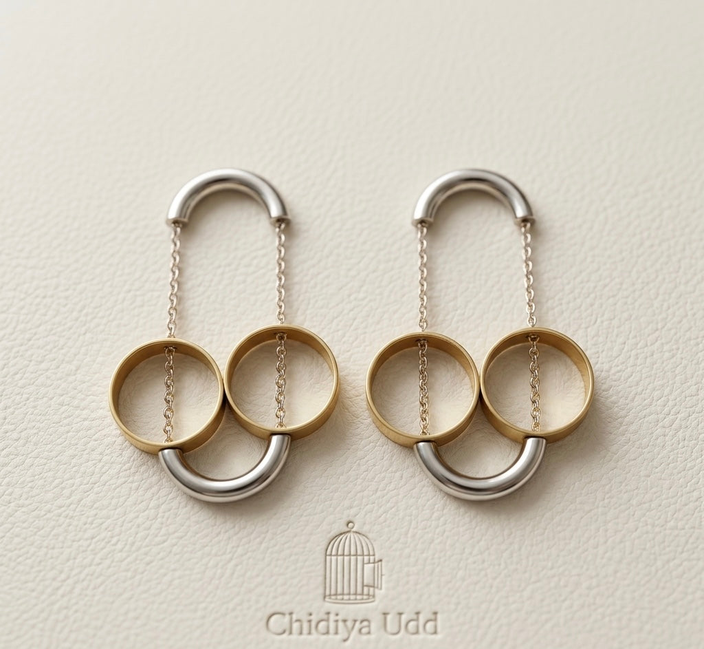 Linked Double Hoop Drop Earrings – Silver & Gold — Photo 4