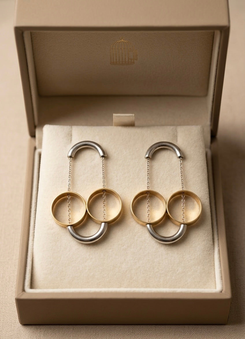 Linked Double Hoop Drop Earrings – Silver & Gold — Photo 5