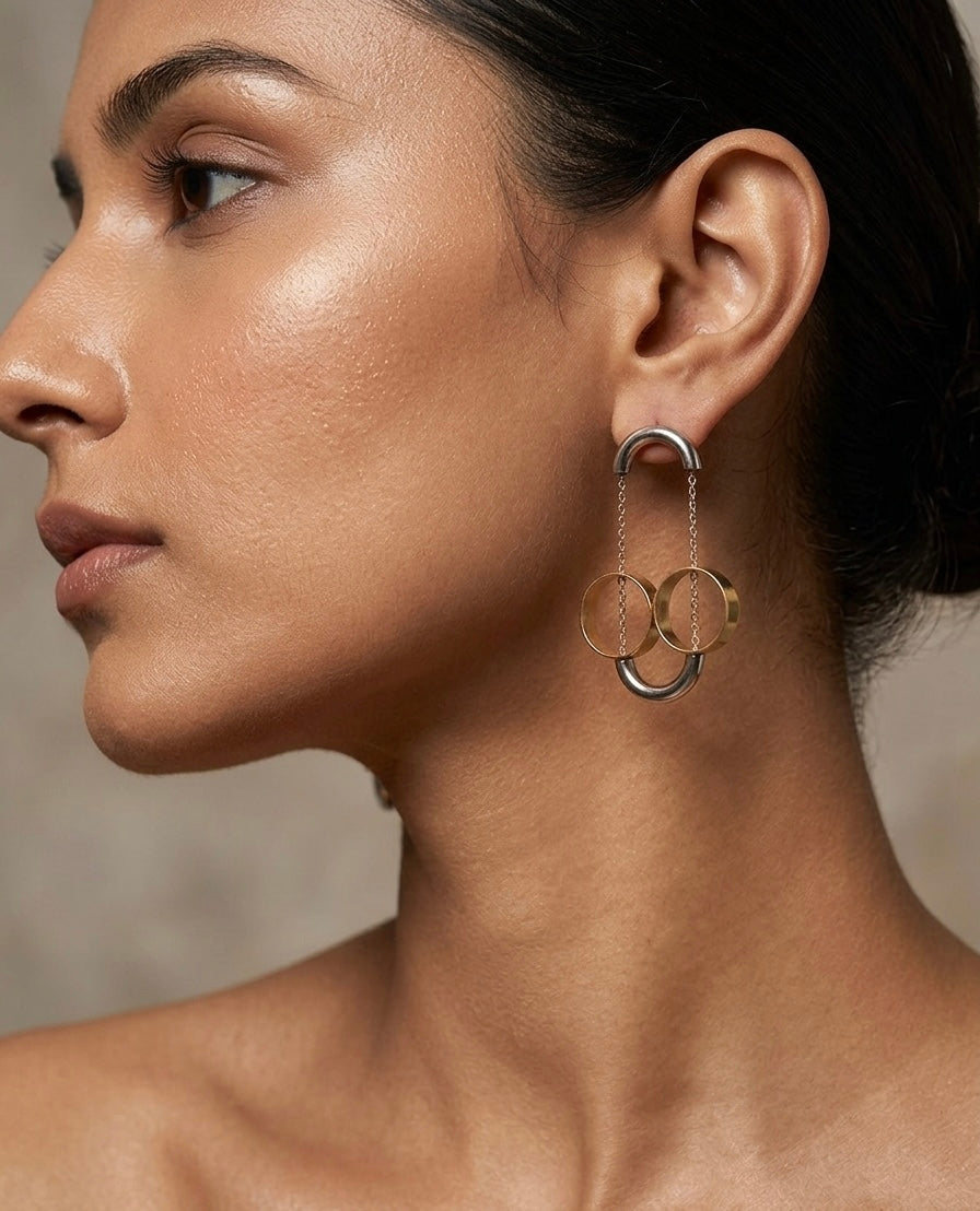Linked Double Hoop Drop Earrings – Silver & Gold — Photo 6