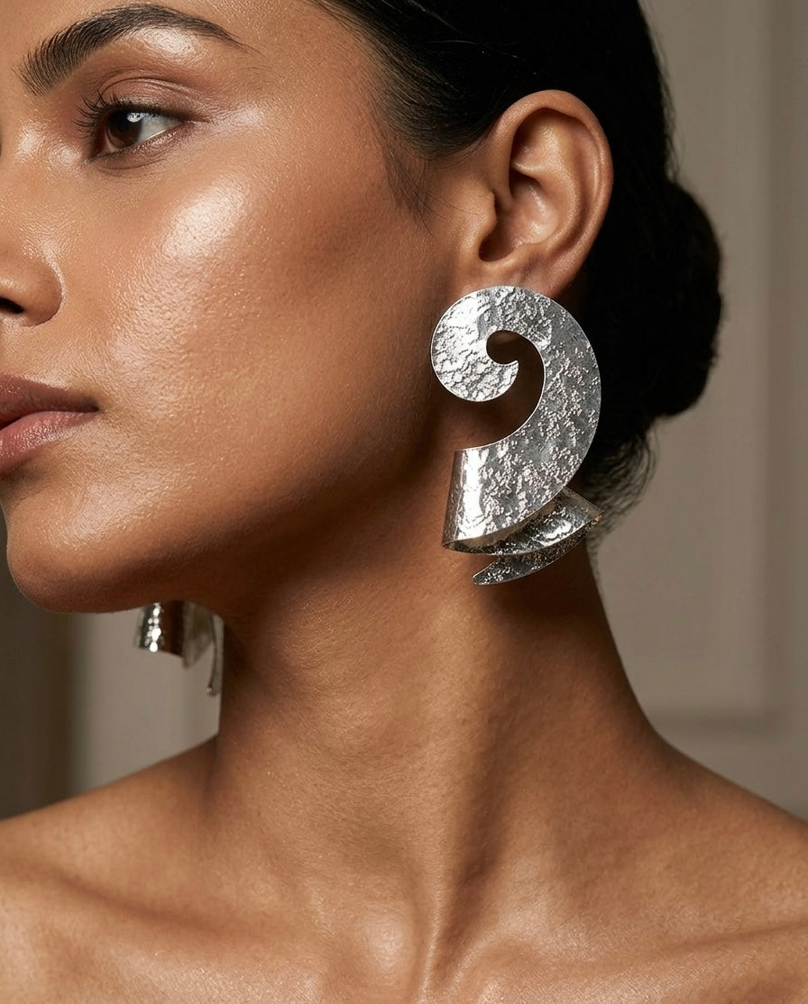 Textured Curl Statement Earrings — Silver — Photo 3
