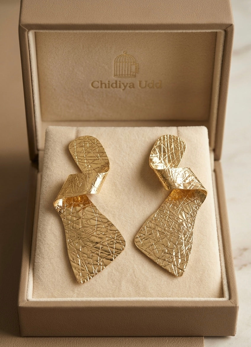 Textured Sculptural Drop Earrings — Gold — Photo 3