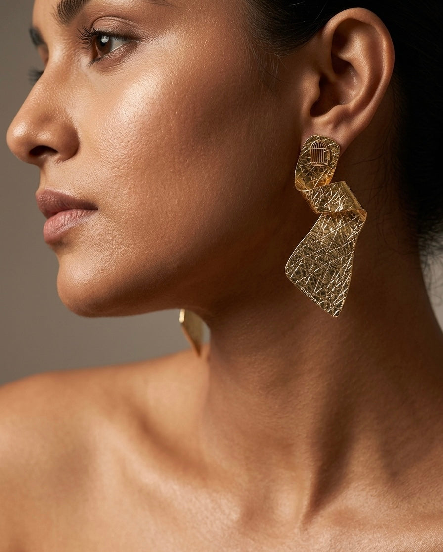 Textured Sculptural Drop Earrings — Gold — Photo 5