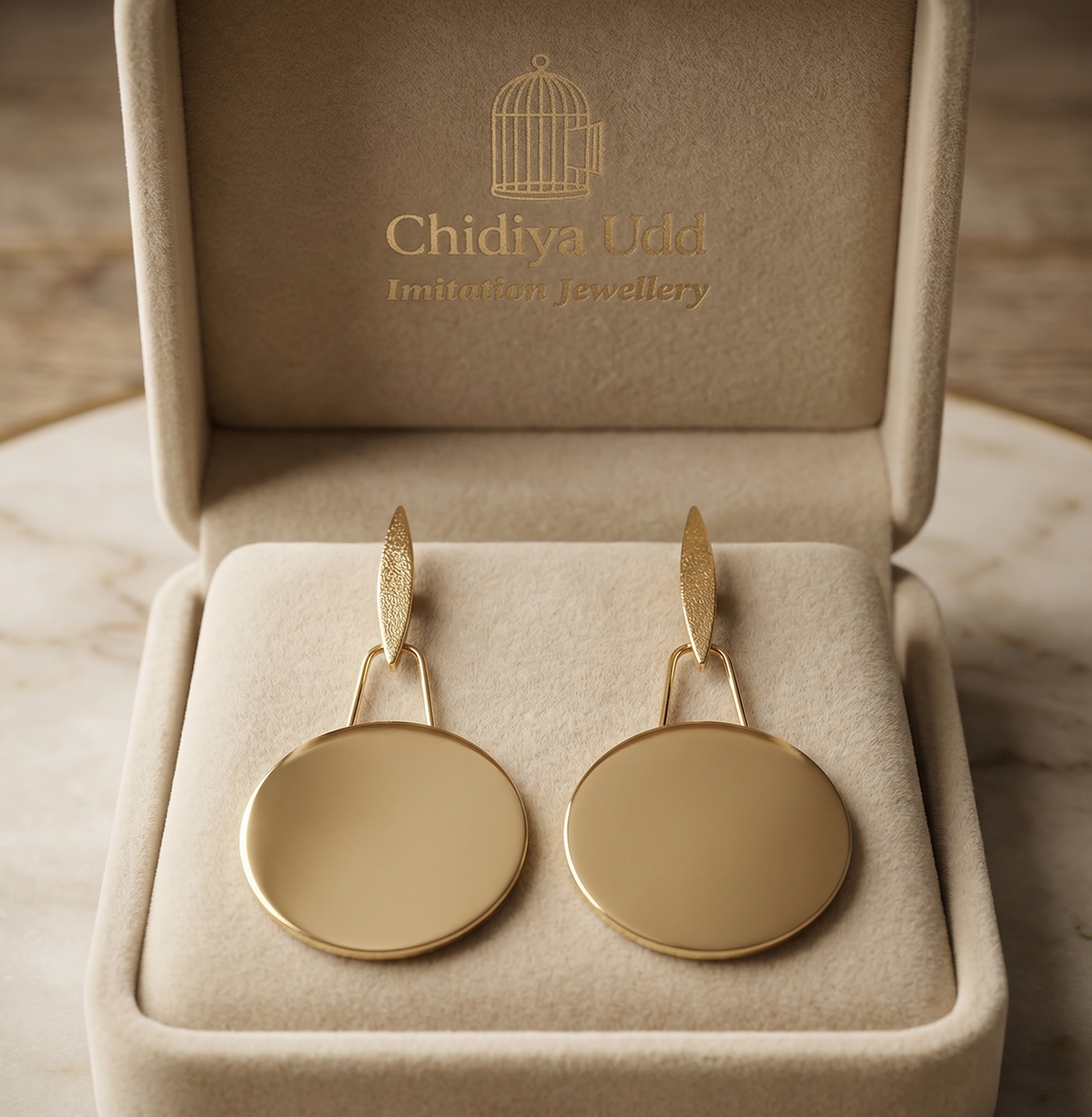 Hammered Round Disc Drop Earrings – Gold — Photo 5